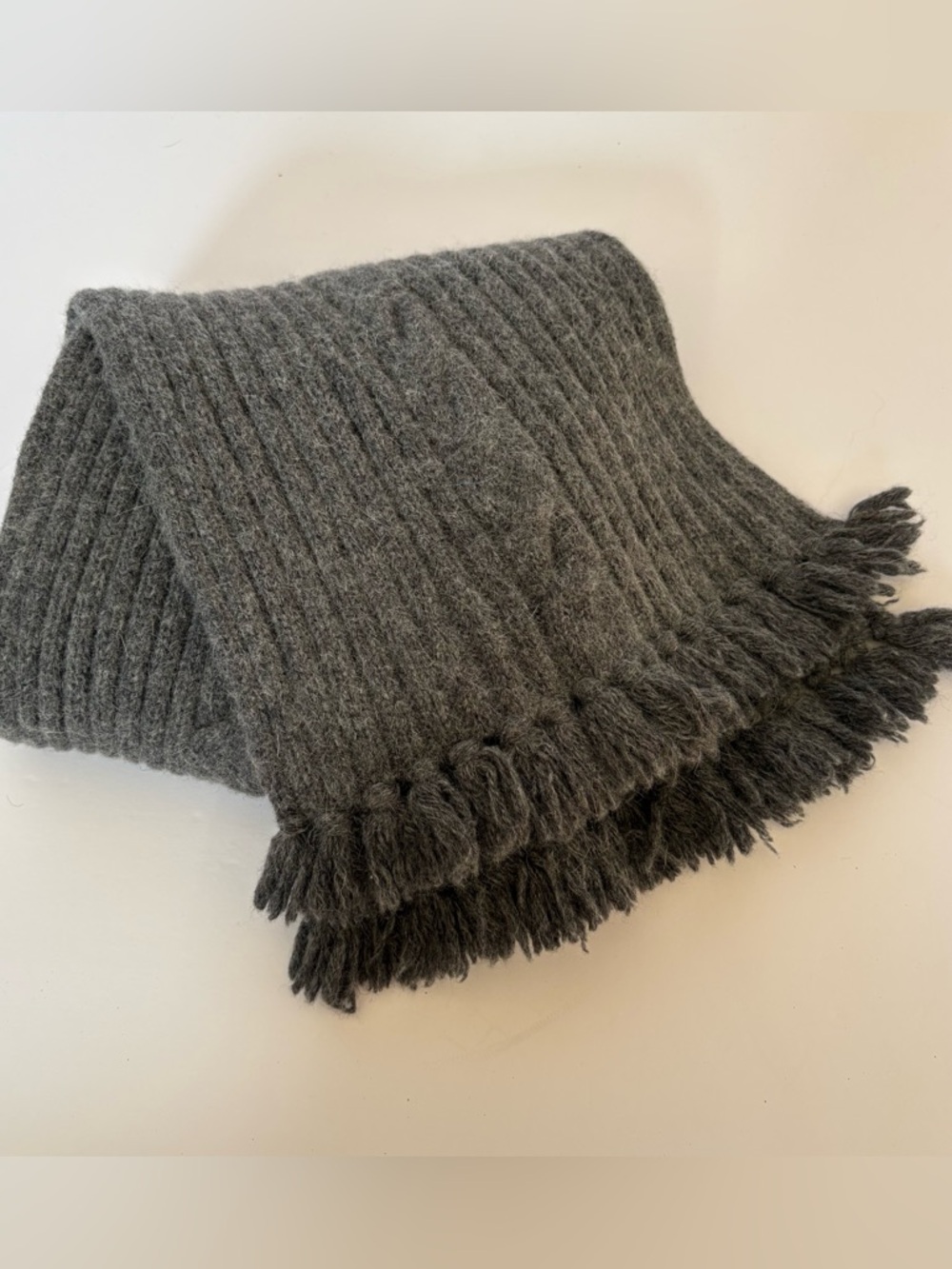 Cutter&Buck Angora Wool‎ Blend Dark Grey Cable knit Fringe Scarf Academia Preppy
